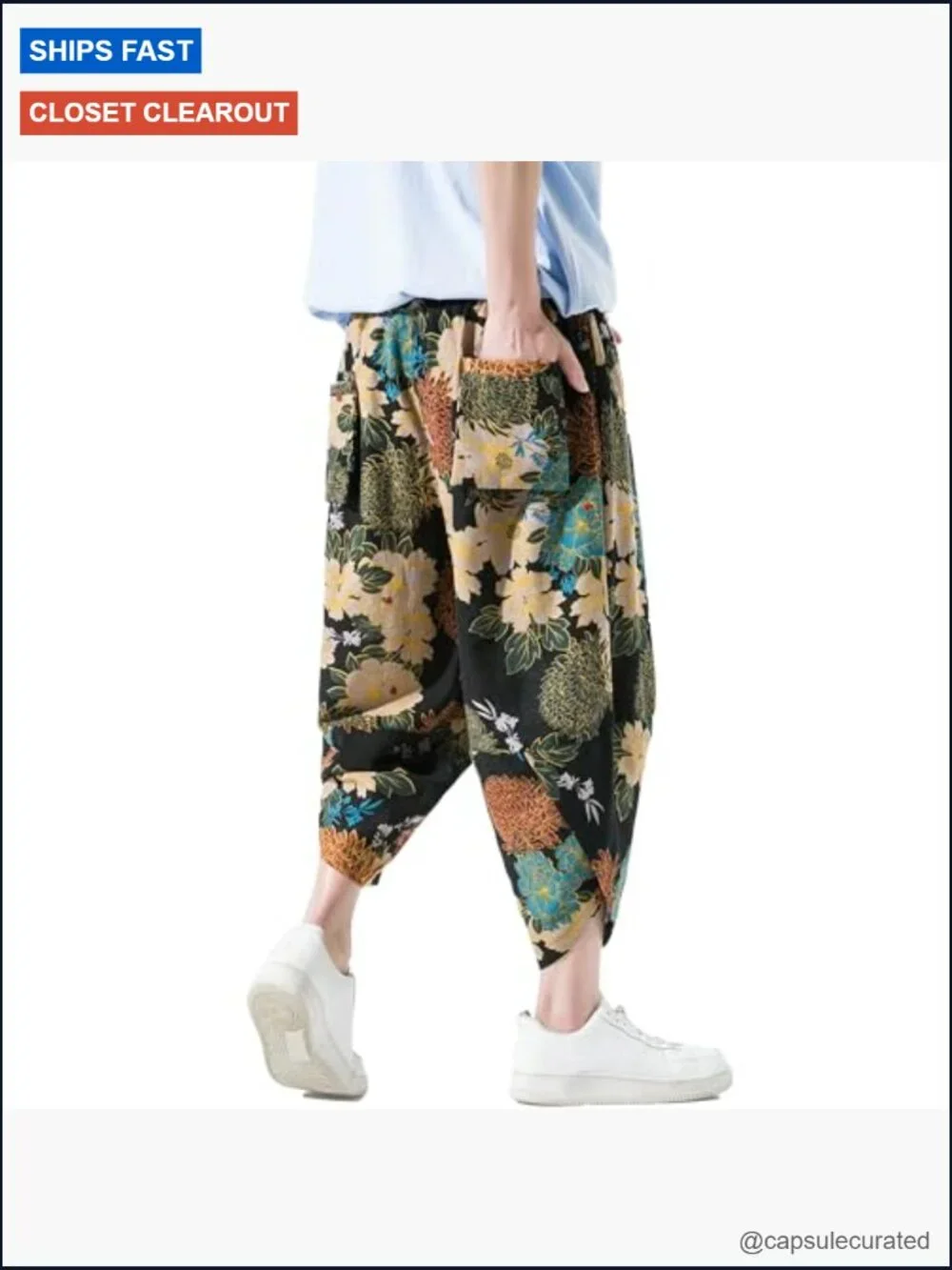 Men's Casual Wide Leg Baggy Harem Capri Pants Linen Summer Beach